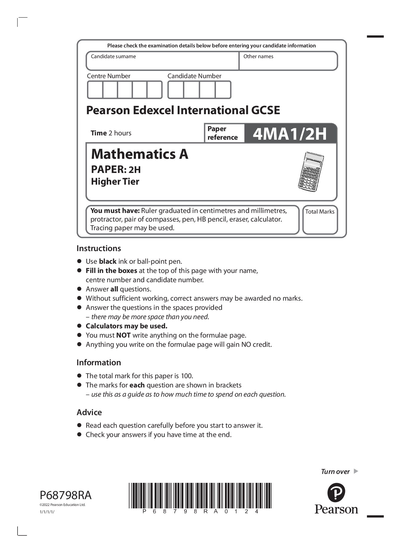 Preview image for 2022 pearson june booklet + mark scheme Edexcel International GCSE 4MA1/2H Mathematics A PAPER: 2H Higher Tier